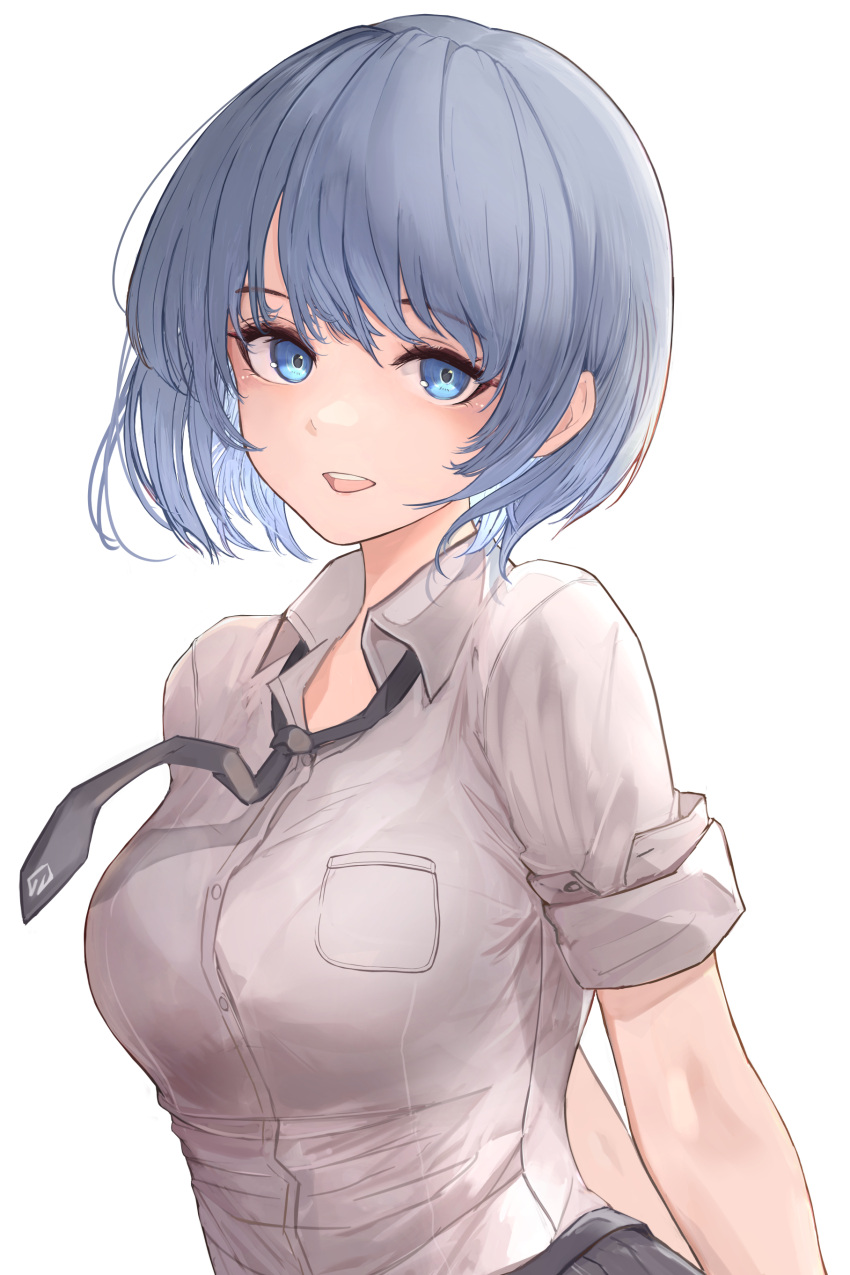 1girl, :d, absurdres, asaikeu, bangs, black_necktie, black_skirt, blue_eyes