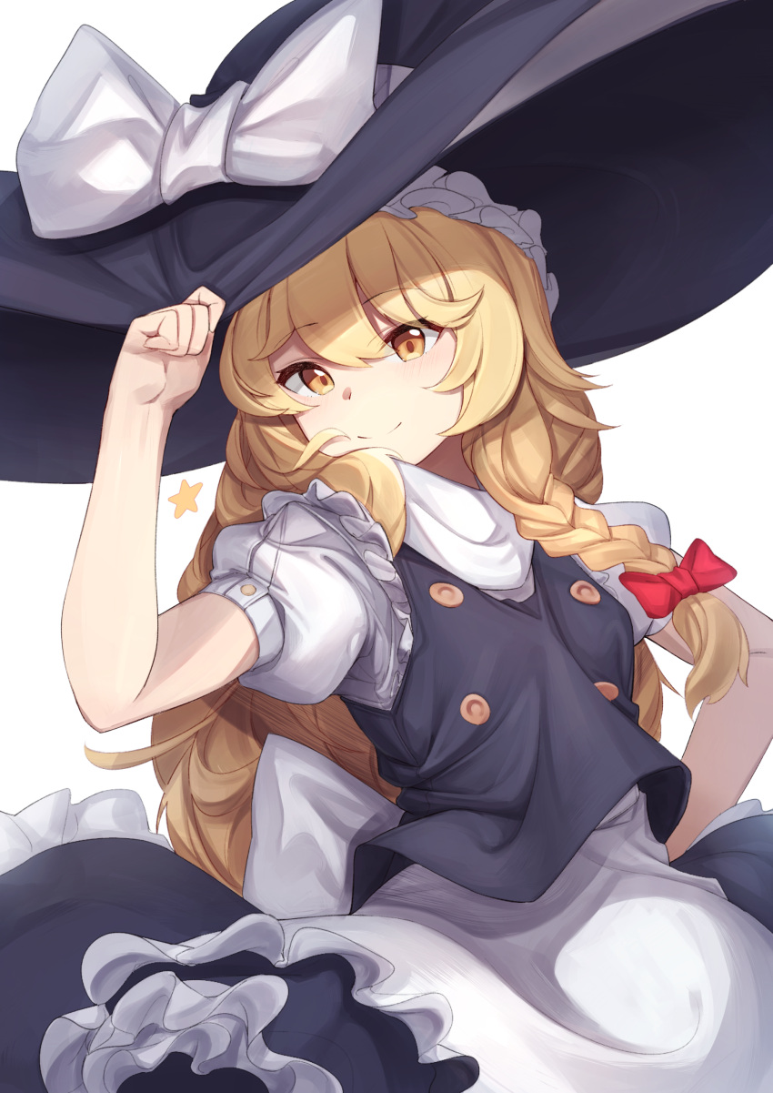 1girl, absurdres, apron, arm_up, back_bow, bangs, black_headwear, black_skirt