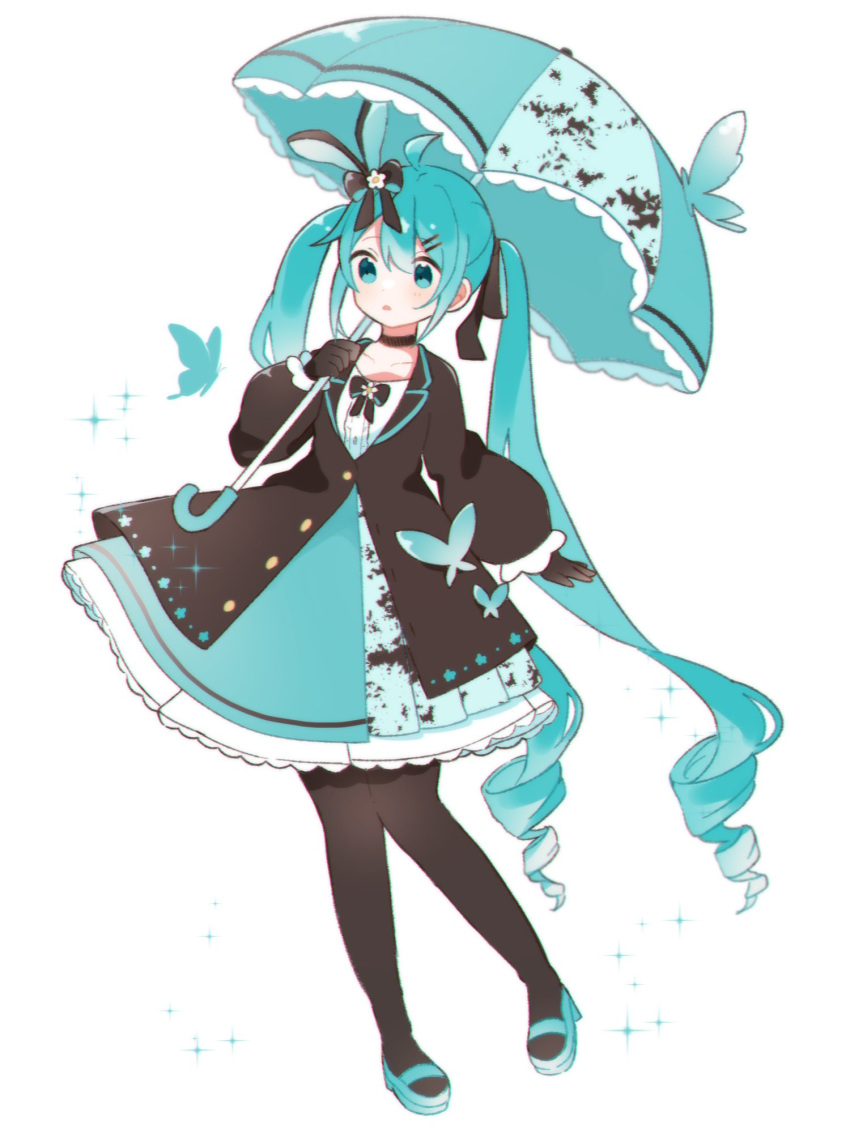 1girl, ahoge, alternate_costume, aqua_butterfly, aqua_dress, aqua_eyes, aqua_footwear, bangs, black_bow, black_choker, black_gloves, black_jacket, black_pantyhose, black_ribbon, bow, bug, butterfly, buttons, choker, collarbone, commentary_request, dress, drill_hair, facing_viewer, flower, gloves, hair_between_eyes, hair_bow, hair_flower, hair_ornament, hair_ribbon, hairclip, hatsune_miku, highres, holding, jacket, knees_together_feet_apart, lapels, long_hair, long_sleeves, mary_janes, open_hand, pantyhose, parasol, parted_lips, partially_unbuttoned, raised_eyebrows, ribbon, shirt, shoes, sidelocks, simple_background, sleeves_past_wrists, solo, sparkle, standing, standing_on_one_leg, twin_drills, twintails, umbrella, uon_shil, very_long_hair, vocaloid, white_background