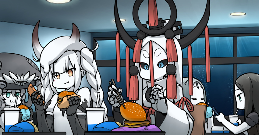 5girls, :t, abyssal_nimbus_princess, abyssal_ship, abyssal_sun_princess, aqua_eyes, bangs, beret, black_gloves, black_hair, black_sclera, blue_eyes, braid, bubble, burger, cellphone, chewing, chopsticks, colored_sclera, commentary, commission, cup, disposable_cup, drinking_straw, food, french_fries, gloves, grey_hair, hair_between_eyes, hamu_koutarou, hat, highres, holding, holding_chopsticks, holding_food, holding_phone, horned_hat, horns, japanese_clothes, kantai_collection, long_hair, long_sleeves, mechanical_arms, motion_lines, multiple_girls, orange_eyes, pale_skin, phone, ru-class_battleship, short_sleeves, sidelocks, smartphone, ta-class_battleship, thick_eyebrows, twin_braids, underwater, white_hair, wo-class_aircraft_carrier, you're_doing_it_wrong