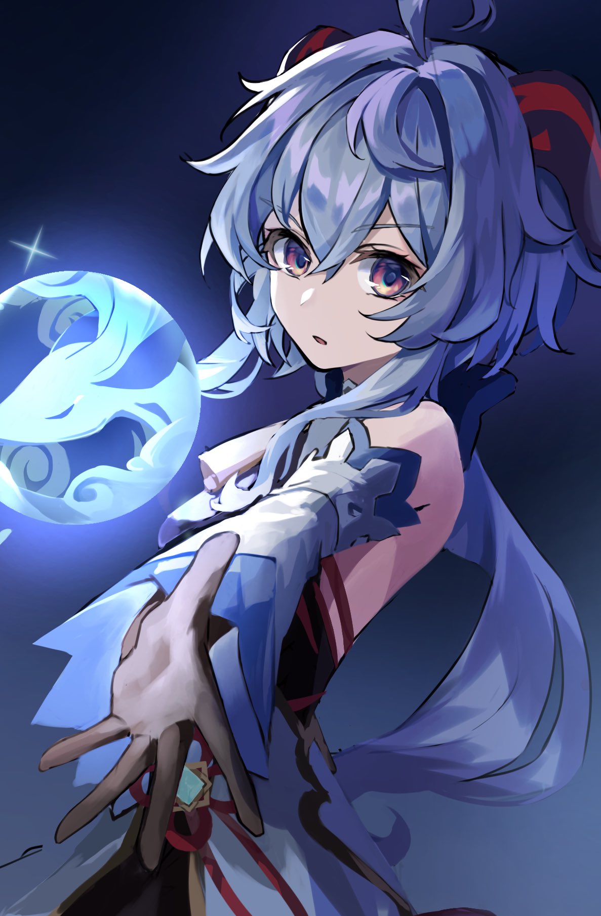 1girl, ahoge, bangs, bare_shoulders, bell, black_gloves, blue_hair, detached_sleeves