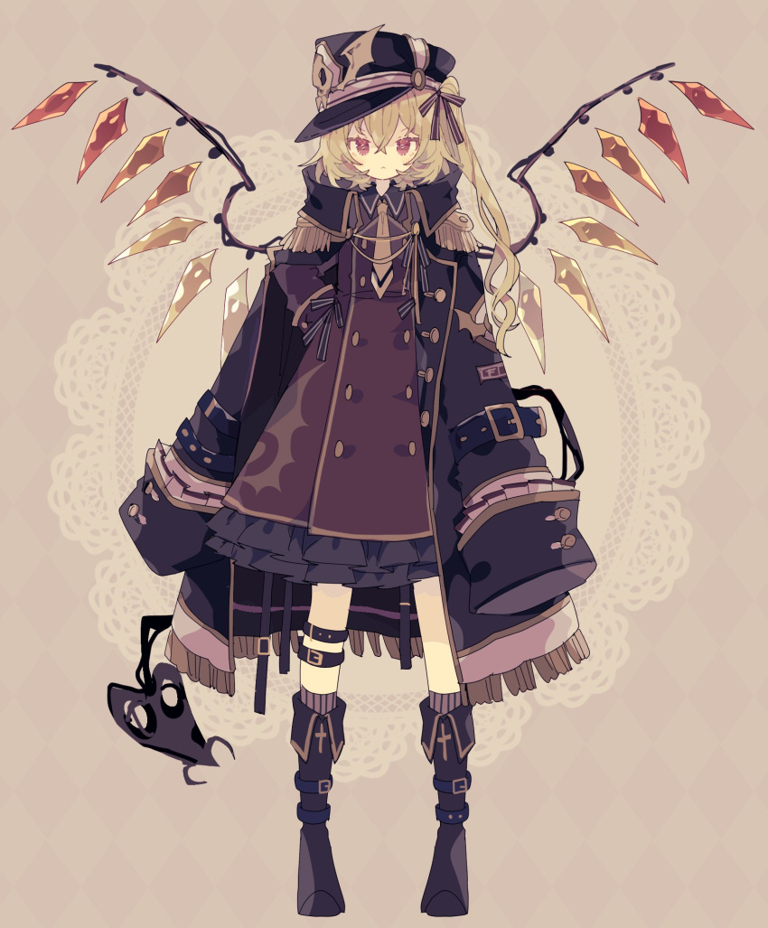 1girl, alternate_costume, argyle, argyle_background, bat_ornament, black_footwear, black_headwear, blonde_hair
