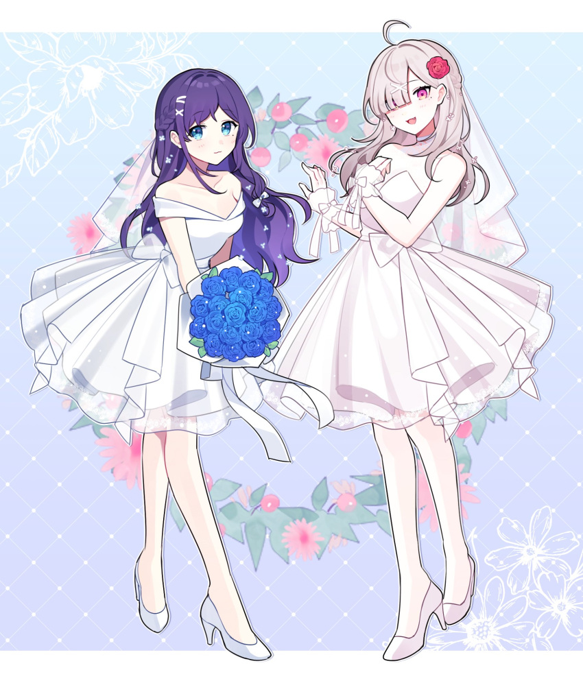 2girls, :3, ahoge, aiba_uiha, bare_shoulders, blue_eyes, blue_flower, blue_hair