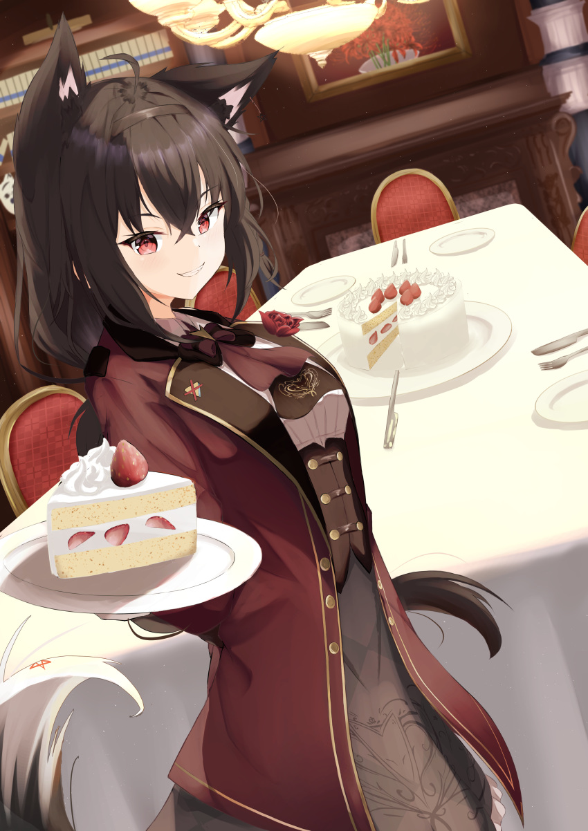 1girl, absurdres, ahoge, alternate_costume, animal_ears, ascot, black_hair, cake