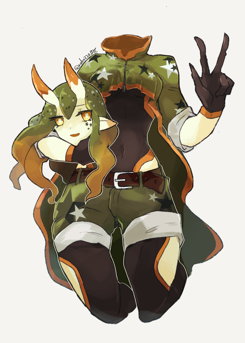 1girl, :d, belt, black_gloves, black_leotard, black_pantyhose, blonde_hair, brown_belt, covered_navel, dullahan, facial_mark, gloves, gradient_hair, green_hair, green_shorts, highleg, highleg_leotard, highres, horns, leotard, looking_at_viewer, monster_girl, multicolored_hair, orange_eyes, original, pantyhose, pointy_ears, ruteko_(ruko220), sea_slug_girl, shorts, simple_background, smile, solo, star_(symbol), star_facial_mark, twitter_username, two-tone_hair, w, white_background