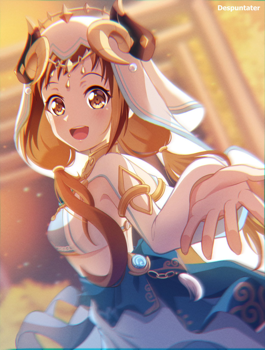 1girl, :d, alternate_hair_length, alternate_hairstyle, armpit_cutout, bang_dream!, bangs, breasts, brown_eyes, brown_hair, clothing_cutout, cosplay, cowboy_shot, crop_top, despuntater, english_commentary, genshin_impact, gold_choker, harem_outfit, hazawa_tsugumi, highres, jewelry, kanemoto_hisako, long_hair, long_sleeves, looking_at_viewer, medium_breasts, midriff, nilou_(genshin_impact), nilou_(genshin_impact)_(cosplay), open_mouth, outstretched_hand, puffy_long_sleeves, puffy_sleeves, reaching_out, sidelocks, smile, solo, standing, teeth, upper_teeth, vision_(genshin_impact), voice_actor_connection, white_headdress