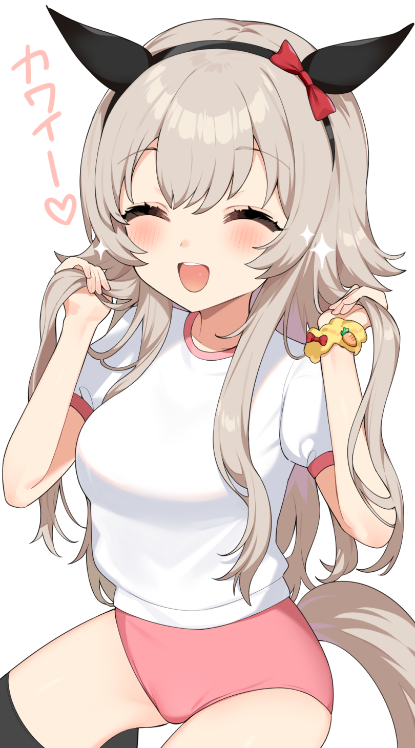 alternate_hair_length, alternate_hairstyle, animal_ears, blush, breasts, buruma, curren_chan_(umamusume), grey_hair