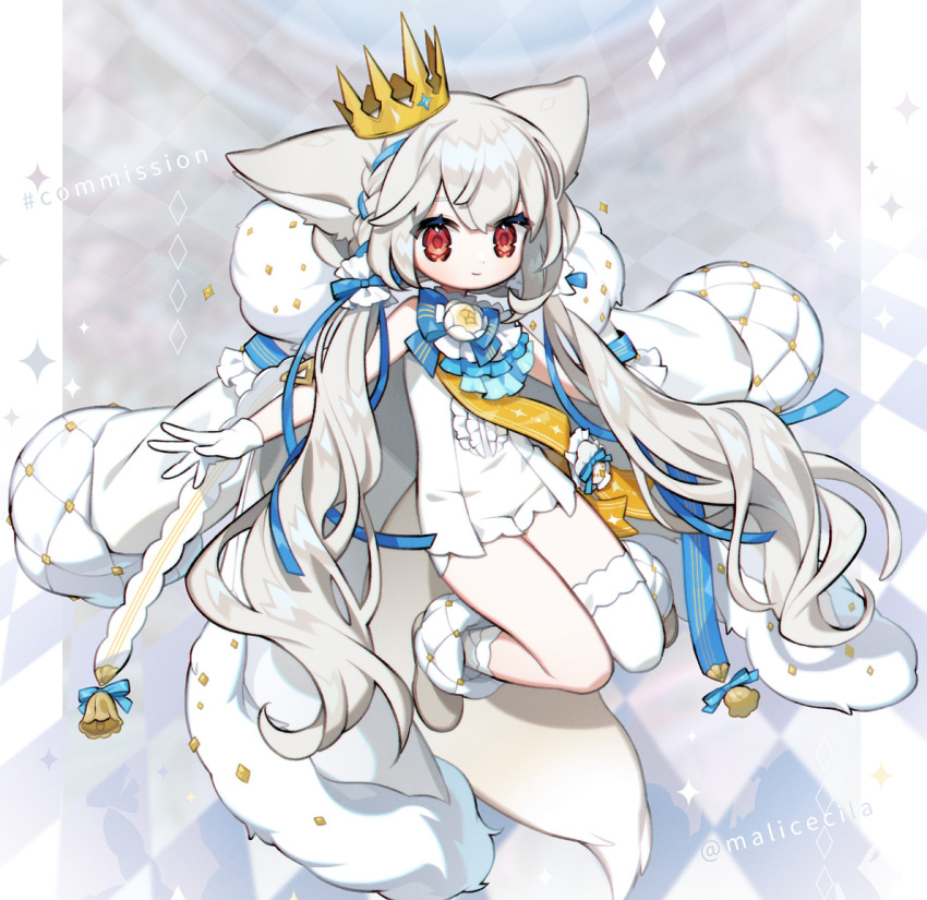 1girl, ahoge, animal_ears, commission, fox_ears, fox_girl, fox_tail, idola, long_hair, looking_at_viewer, low_twintails, original, red_eyes, sakurada_shiro, skeb_commission, solo, tail, twintails, very_long_hair, white_hair