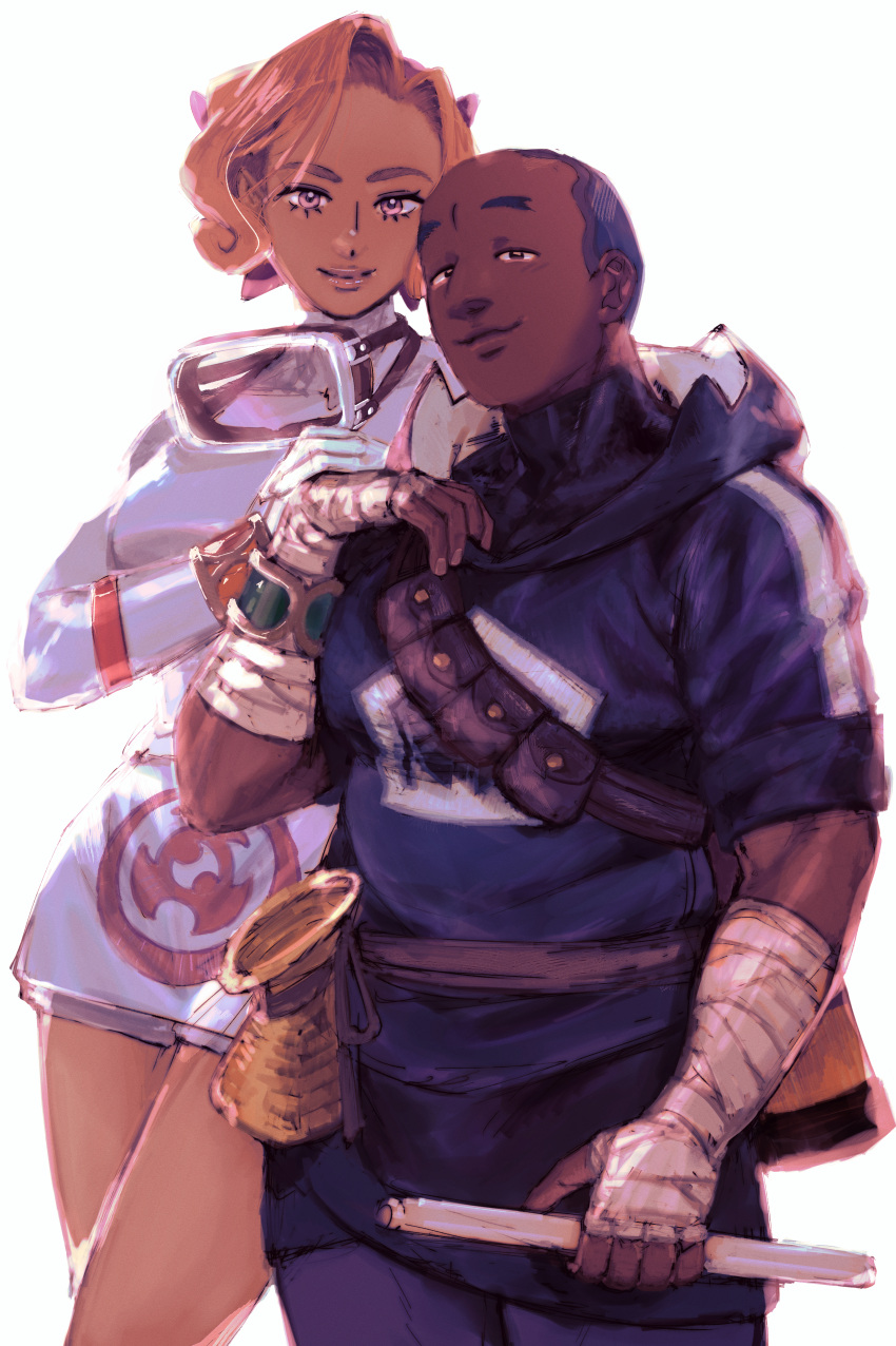1boy, 1girl, absurdres, arm_wrap, bracelet, brown_eyes, brown_hair, closed_mouth