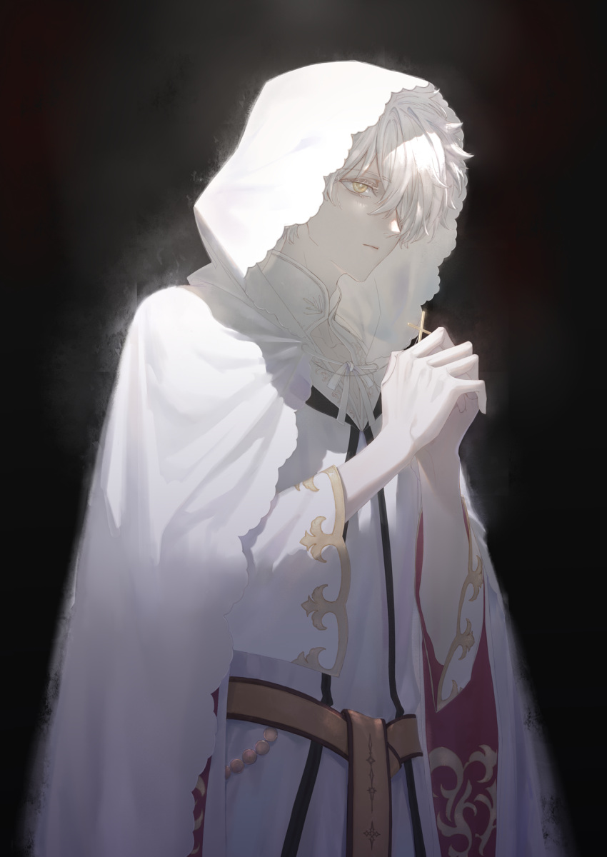 1boy, alternate_costume, black_background, cloak, closed_mouth, commentary, cross, english_commentary, expressionless, fate/grand_order, fate_(series), galahad_(fate), hair_over_one_eye, highres, holding, holding_cross, hood, hood_up, hooded_cloak, khaos_(blackmoth), long_sleeves, looking_ahead, male_focus, mandarin_collar, own_hands_together, robe, sash, short_hair, solo, upper_body, white_cloak, white_hair, white_robe, yellow_eyes