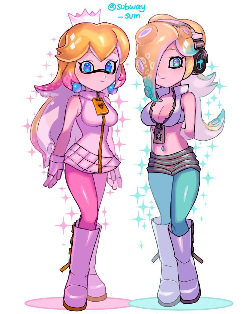 2girls, blue_eyes, bowsey0wo, cosplay, eyeshadow, gloves, highres, inkling