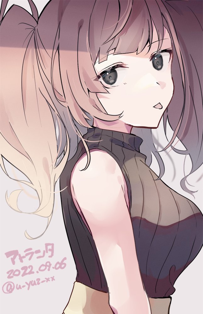 1girl, atlanta_(kancolle), black_sweater, brown_hair, character_name, dated, grey_eyes, kantai_collection
