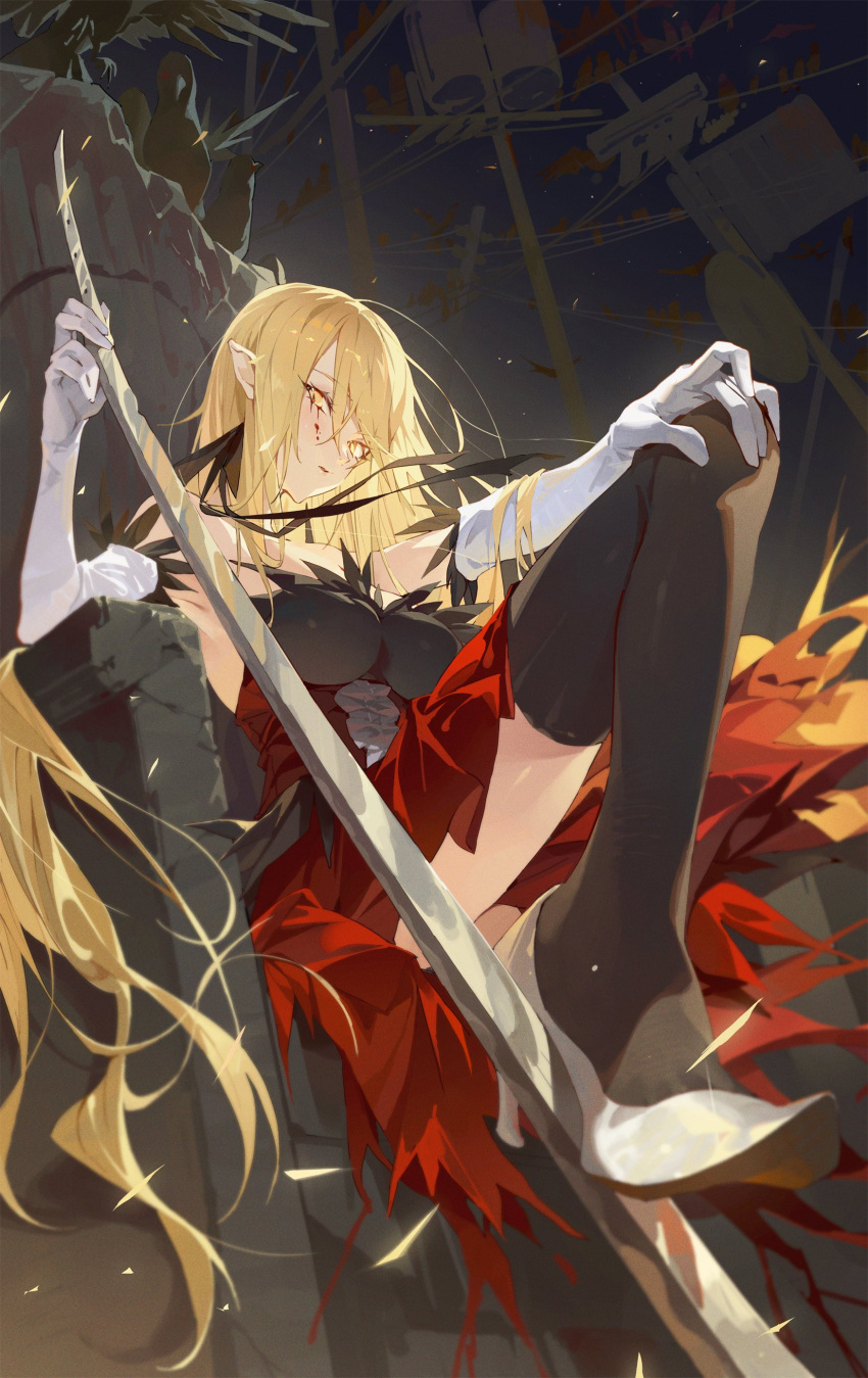 1girl, absurdres, animal_ears, bangs, bare_shoulders, black_thighhighs, blonde_hair, blurry