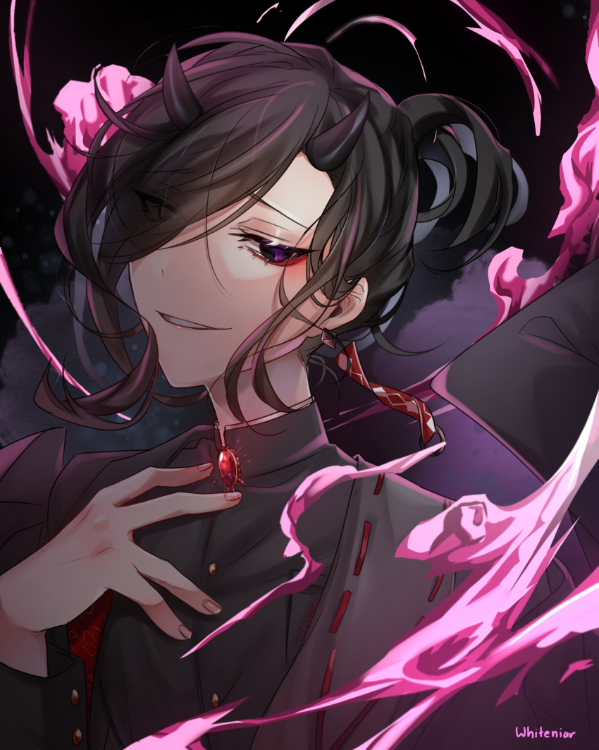 1other, absurdres, artist_name, asymmetrical_hair, bangs, black_eyes, black_hair, black_horns, earrings, fire, gakuran, gem, gorozaemon_(housamo), hair_bun, highres, horns, jacket, jewelry, oni_horns, open_mouth, other_focus, pink_fire, red_eyeliner, red_gemstone, school_uniform, signature, single_earring, smile, solo, swept_bangs, tokyo_afterschool_summoners, whiteniar