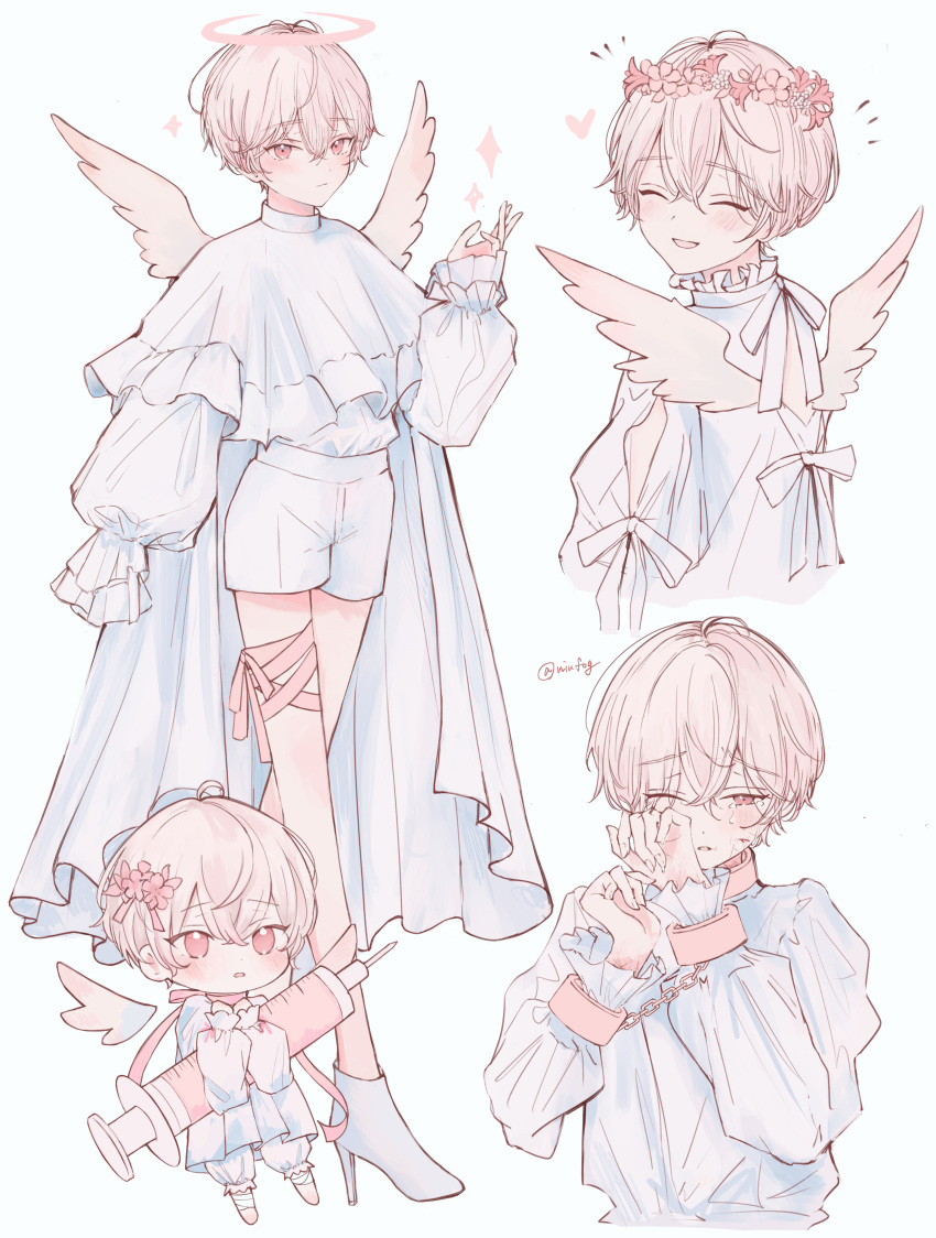 1boy, absurdres, androgynous, angel, angel_wings, bishounen, blonde_hair, blush, chibi, collar, crying, flower, halo, head_wreath, highres, long_sleeves, magical_boy, male_child, male_focus, niufog, original, pink_eyes, pink_flower, pink_theme, short_hair, solo, syringe, wavy_hair, white_background, wings