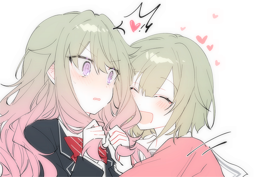 2girls, :d, @_@, alternate_hair_color, black_shirt, blush, bow, bowtie