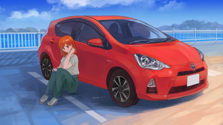 1girl, car, commentary_request, green_pants, green_shirt, ground_vehicle, highres, license_plate