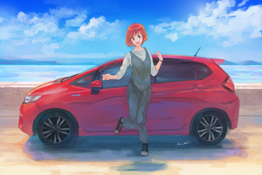 1girl, bangs, black_footwear, car, commentary_request, full_body, ground_vehicle, highres, honda, honda_fit, long_sleeves, looking_at_viewer, momo_hiki, motor_vehicle, mountainous_horizon, ocean, orange_hair, original, outdoors, personification, shirt, shoes, short_hair, sneakers, solo, vehicle_focus, white_shirt