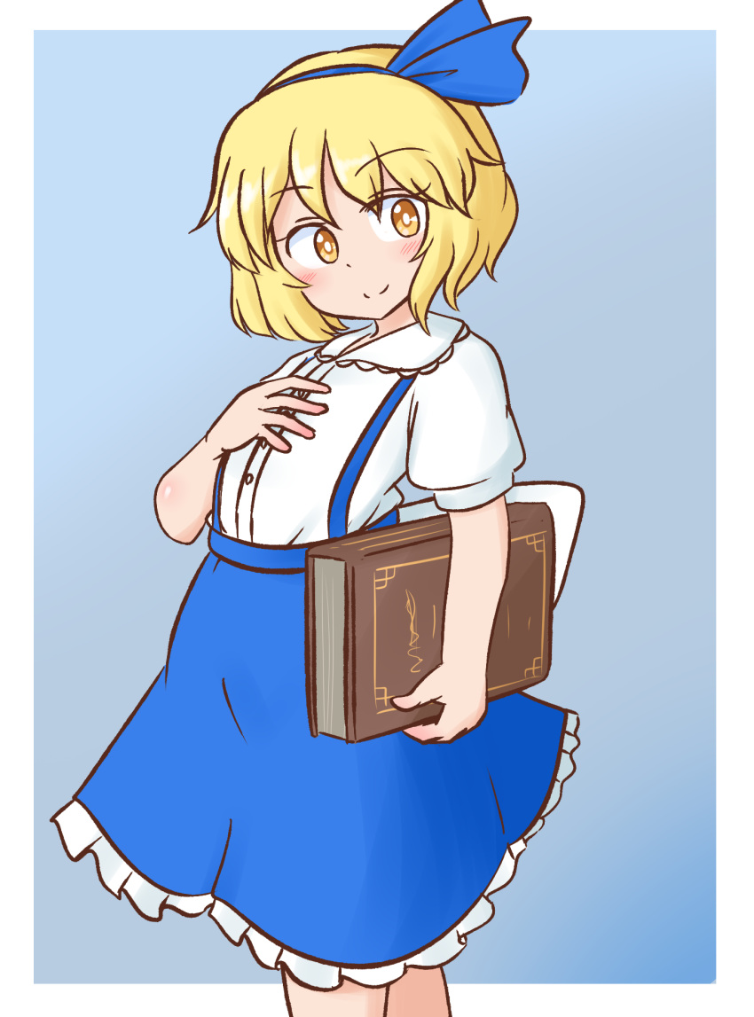 1girl, alice_margatroid, alice_margatroid_(pc-98), bangs, blonde_hair, blue_bow, blue_hairband, blue_skirt, bow, bright_pupils, closed_mouth, commission, grimoire_of_alice, hair_bow, hairband, hand_on_own_chest, highres, looking_at_viewer, mizusoba, pixiv_request, shirt, short_hair, simple_background, skirt, smile, solo, standing, suspenders, touhou, touhou_(pc-98), white_background, white_pupils, white_shirt, yellow_eyes