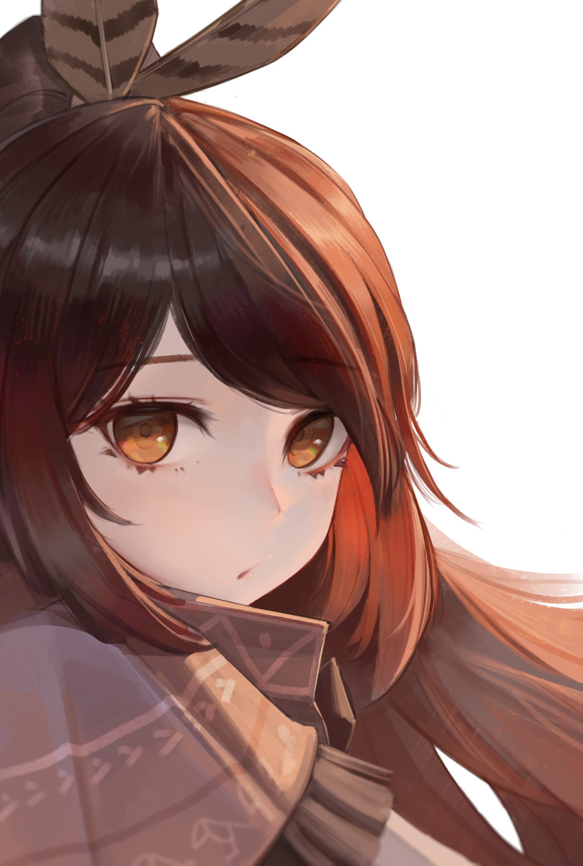 1girl, absurdres, ahoge, bangs, brown_capelet, brown_cloak, brown_eyes, brown_hair, capelet, cloak, dot_mouth, feather_hair_ornament, feathers, hair_ornament, hairclip, hantata, highres, hololive, hololive_english, long_hair, multicolored_hair, nanashi_mumei, ponytail, ribbon, streaked_hair, upper_body, very_long_hair, virtual_youtuber