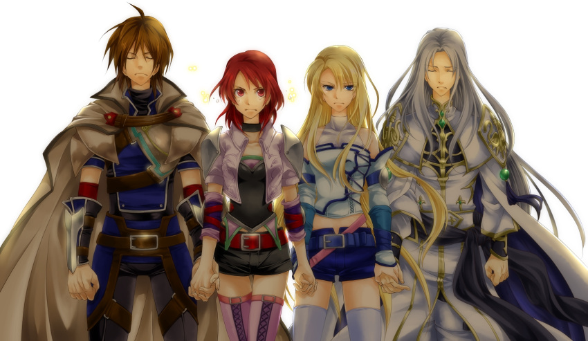 2boys, 2girls, armor, belt, belt_buckle, black_choker, black_pants, black_shorts