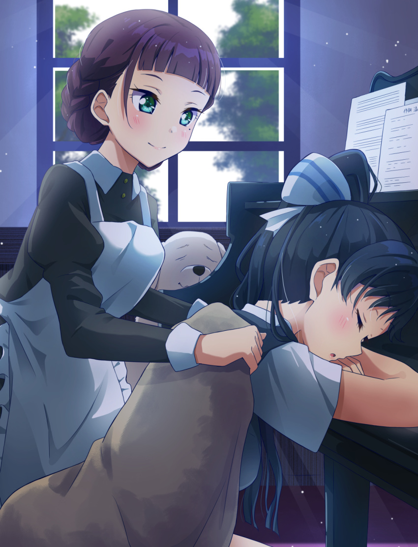 2girls, black_hair, blush, bow, braid, brown_hair, collared_shirt, covering_with_blanket, dress, grey_dress, hair_bow, hazuki_ren, high_ponytail, highres, indoors, instrument, japanese_clothes, long_sleeves, looking_at_another, love_live!, love_live!_superstar!!, maid, mole, mole_under_eye, multiple_girls, piano, pinafore_dress, qy73, saya_(love_live!), school_uniform, shirt, short_sleeves, sleeping, smile, white_shirt, yuigaoka_school_uniform