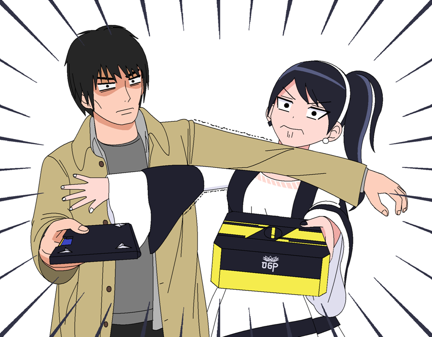 1boy, 1girl, advent_deck, bangs, black_eyes, black_hair, box, coat