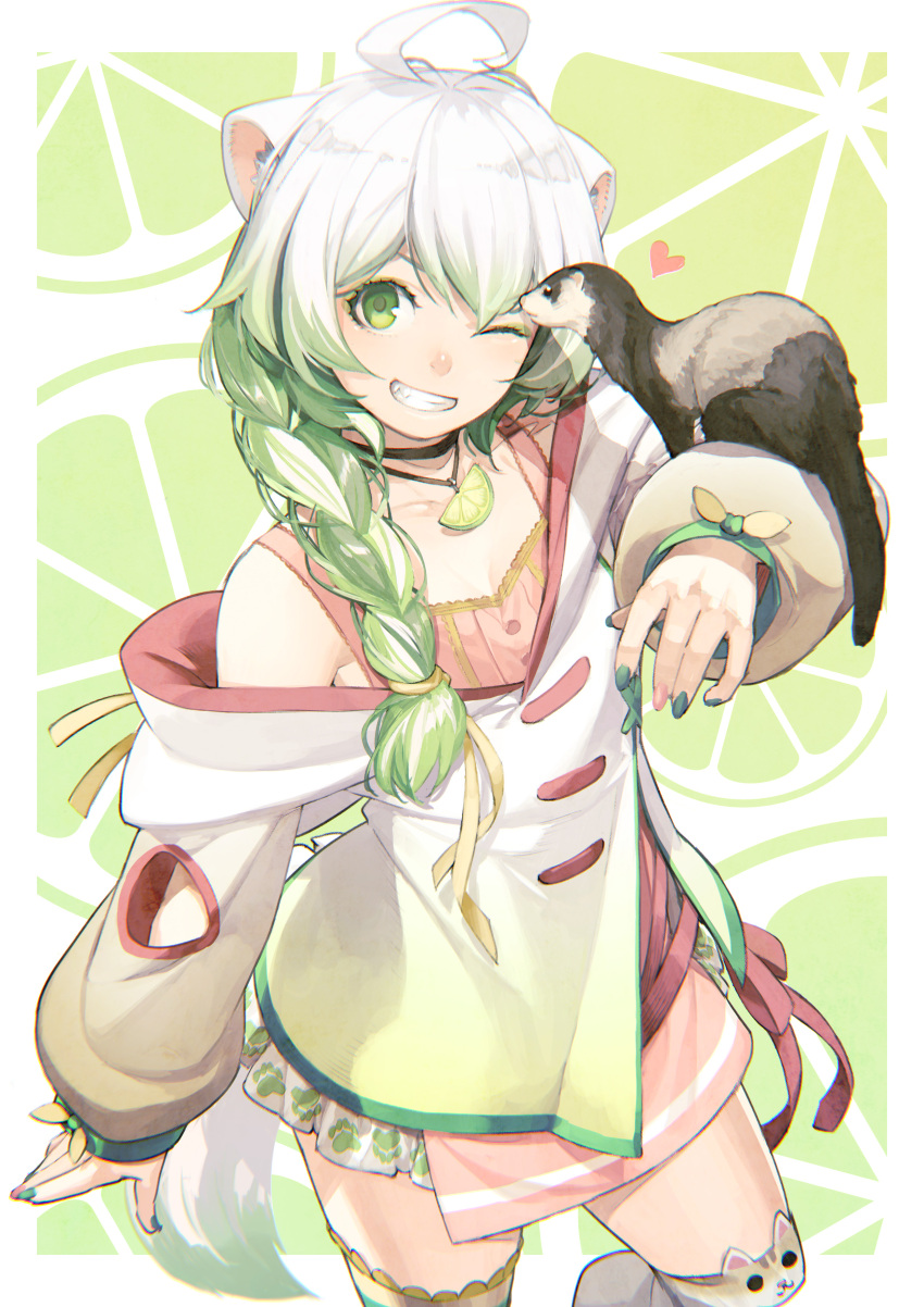 1girl, absurdres, ahoge, animal, animal_ear_fluff, animal_ears, animal_on_arm, bare_shoulders