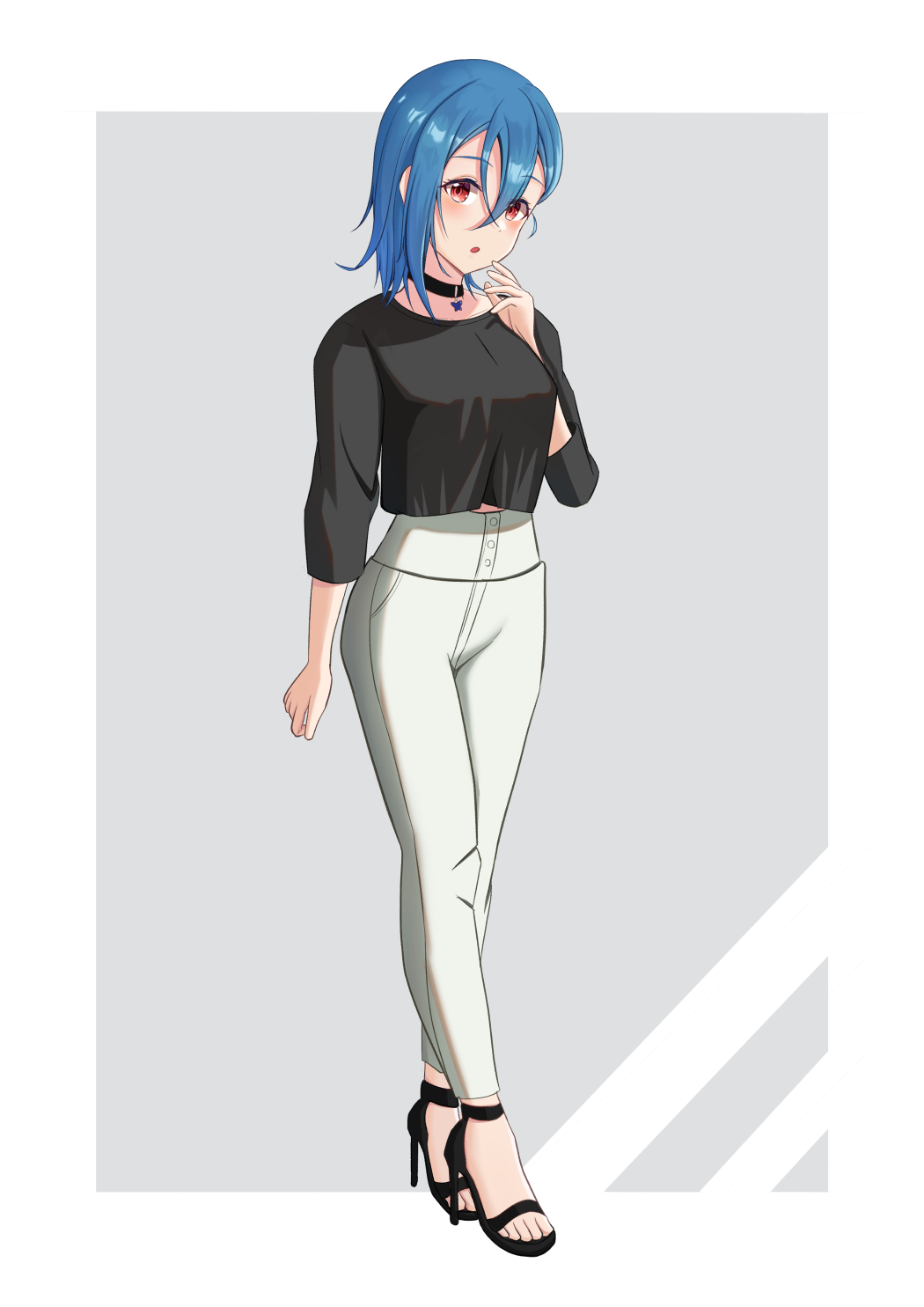 1girl, :o, arm_at_side, bangs, black_choker, black_footwear, black_shirt, blue_hair, blush, breasts, choker, full_body, hair_between_eyes, highres, long_sleeves, looking_at_viewer, love_live!, love_live!_superstar!!, medium_breasts, ninben_(ninben_2892), pants, parted_lips, shirt, short_hair, solo, strappy_heels, surprised, wakana_shiki, white_pants