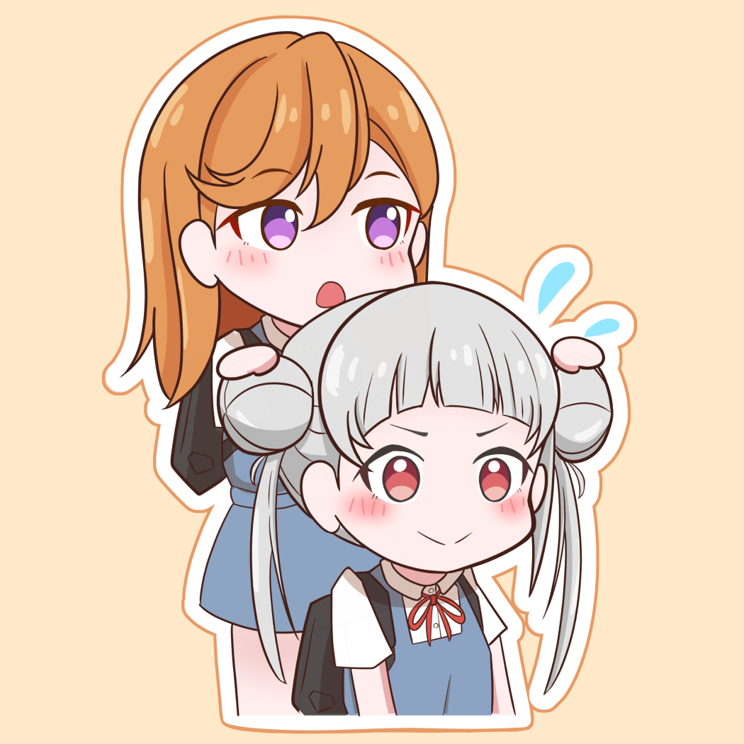 2girls, arashi_chisato, bag, blush, chibi, collared_shirt, cropped_legs, cropped_torso