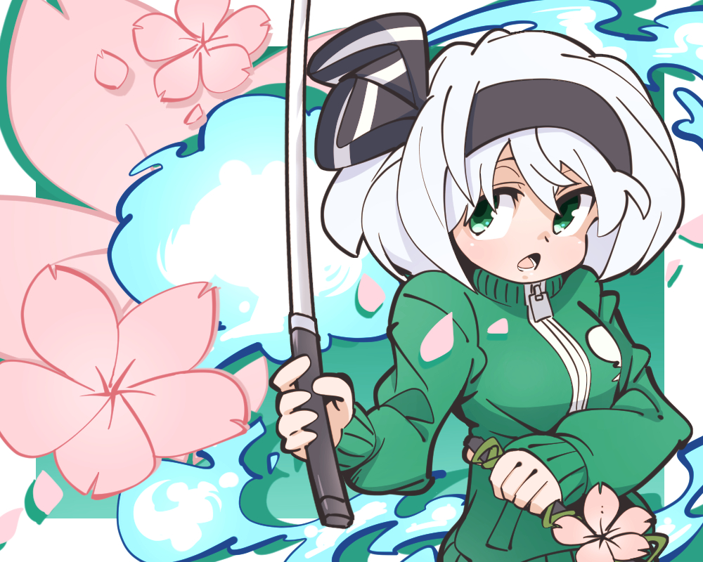 1girl, adapted_costume, bangs, black_hairband, blush, bow_hairband, breasts, commentary_request