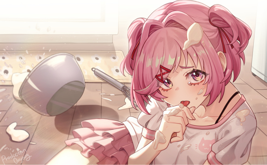 1girl, animal_print, blush, bowl, cat_print, cooking, doki_doki_literature_club, eyelashes