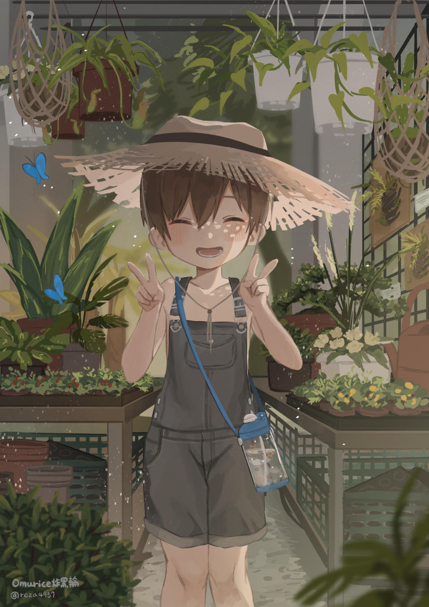 1boy, absurdres, bottle, bug, butterfly, child, closed_eyes, commentary_request, cowboy_shot, dappled_sunlight, day, grateful_shell_collector, hat, highres, indoors, looking_at_viewer, male_child, male_focus, omurice_(roza4957), open_mouth, original, overalls, short_hair, solo, straw_hat, sunlight, v, water_bottle
