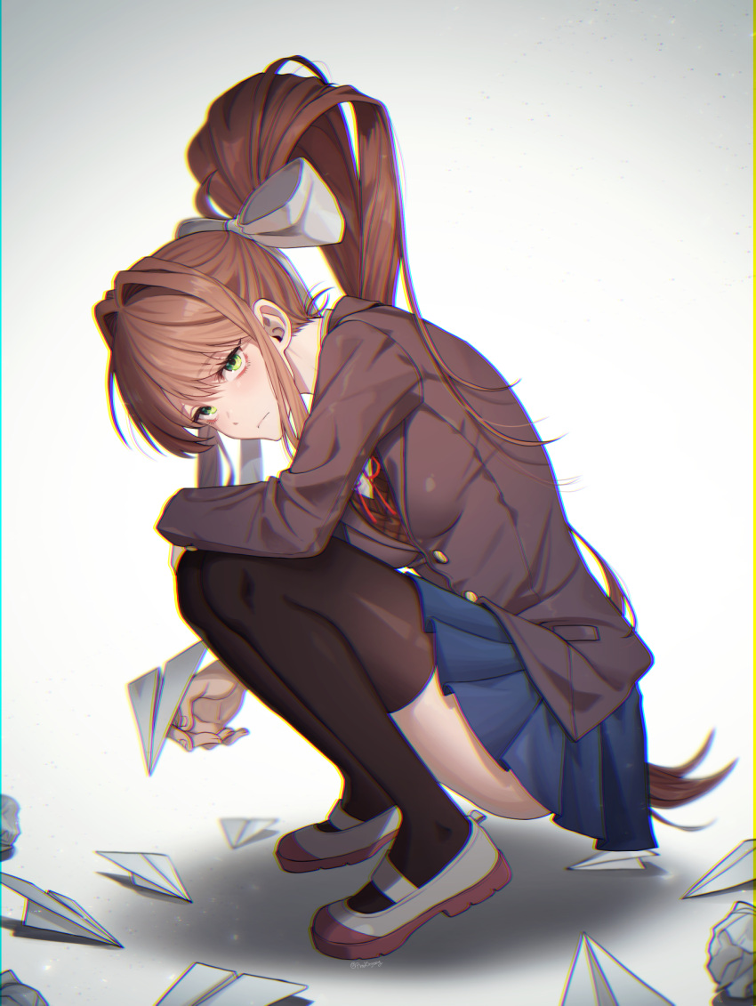 1girl, black_thighhighs, blazer, blue_skirt, bow, brown_hair, brown_jacket, crumpled_paper