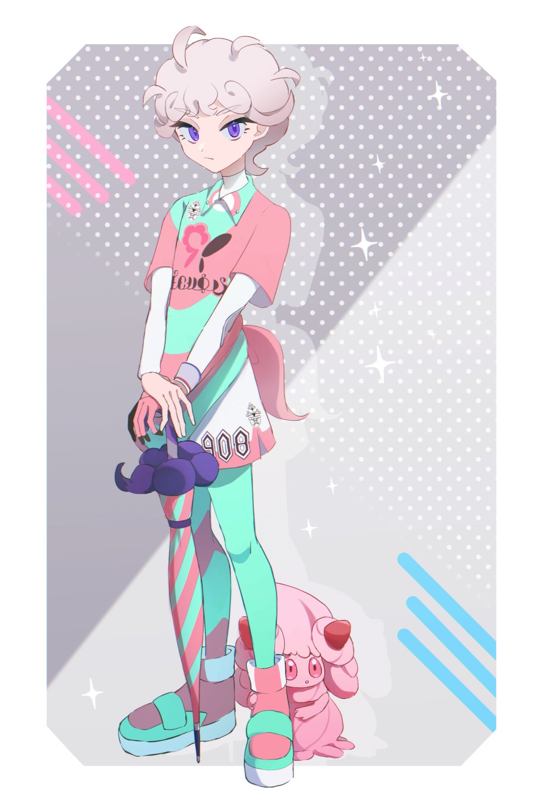1boy, ahoge, alcremie, alcremie_(strawberry_sweet), bangs, bede_(pokemon), boots, border