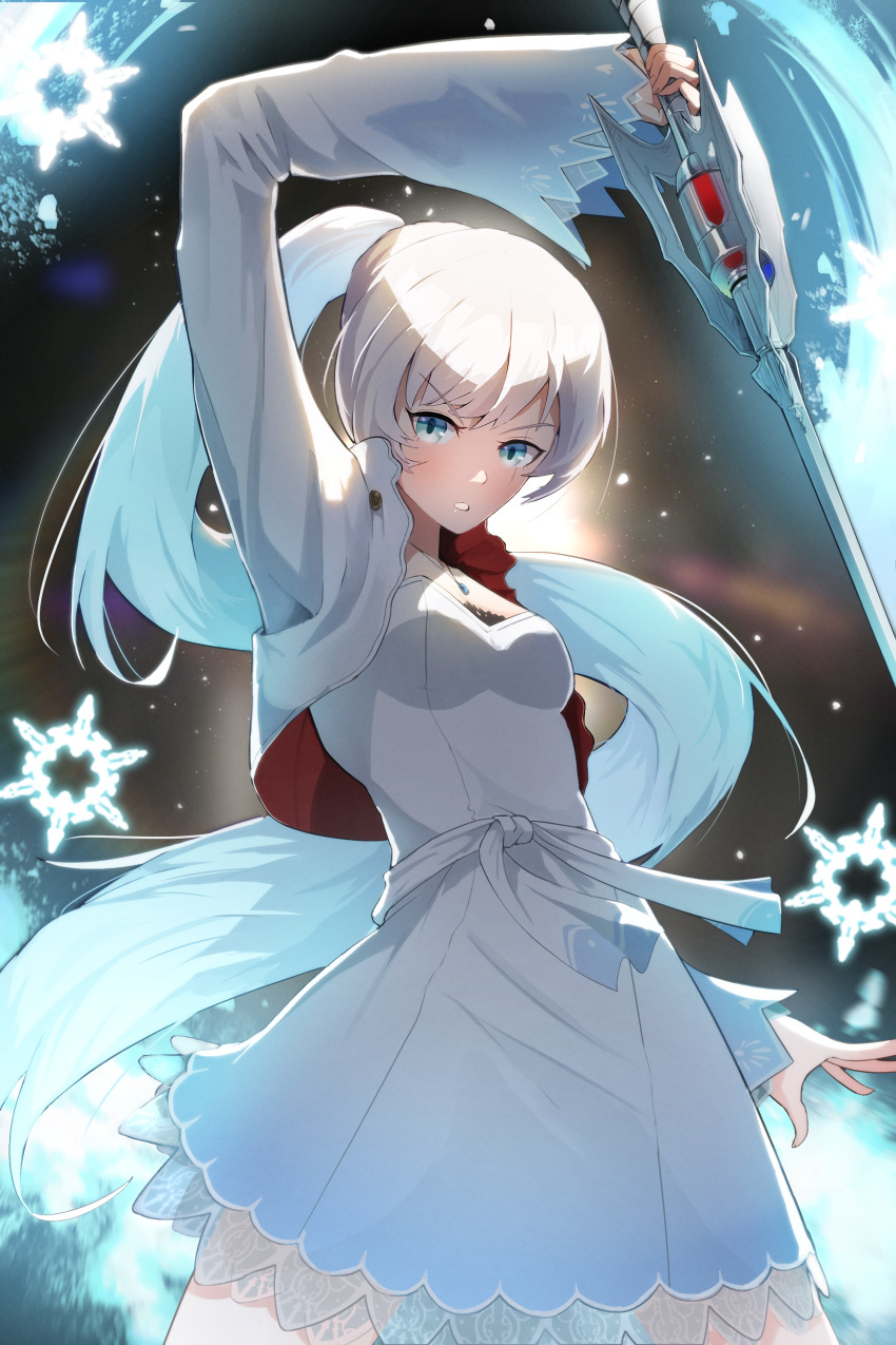 1girl, absurdres, arm_up, blue_eyes, breasts, cropped_jacket, dress, floating_hair, highres, holding, holding_sword, holding_weapon, long_hair, looking_at_viewer, myrtenaster, no_842, parted_lips, ponytail, rapier, rwby, sash, scar, scar_across_eye, small_breasts, snowflakes, solo, sword, teeth, v-shaped_eyebrows, very_long_hair, weapon, weiss_schnee, white_dress, white_hair