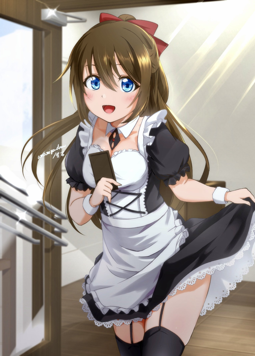 1girl, :d, alternate_costume, amamiya_(re-amamiya), apron, black_thighhighs, blue_eyes, blush, bow, brown_hair, collar, commentary, cowboy_shot, detached_collar, doorway, dress, enmaided, eyebrows_hidden_by_hair, garter_straps, hair_bow, highres, holding, light_rays, long_hair, looking_at_viewer, love_live!, love_live!_nijigasaki_high_school_idol_club, maid, maid_apron, open_mouth, ousaka_shizuku, puffy_short_sleeves, puffy_sleeves, red_bow, short_dress, short_sleeves, signature, skirt_hold, smile, solo, thigh-highs, white_collar, wing_collar, wooden_floor