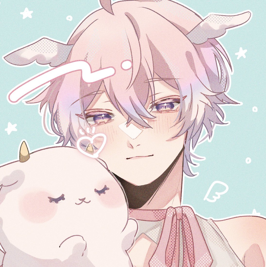1boy, aiueonigiri, blue_background, blush, character_request, closed_mouth, commission, copyright_request, head_wings, male_focus, mini_wings, purple_hair, second-party_source, short_hair, skeb_commission, solo, stuffed_animal, stuffed_goat, stuffed_toy, violet_eyes, wings