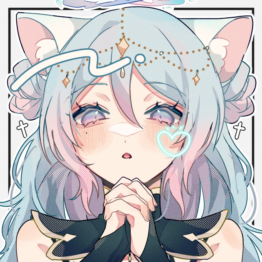 1girl, aiueonigiri, animal_ears, blue_hair, blush, commission, facing_viewer, highres, indie_virtual_youtuber, long_hair, looking_down, mole, mole_under_eye, open_mouth, own_hands_together, profile, second-party_source, skeb_commission, solo, violet_eyes, virtual_youtuber, white_background, yunri_(vtuber)