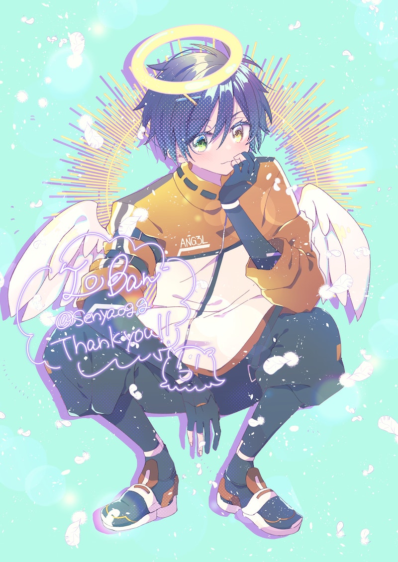 0lban, 1boy, angel, angel_wings, blue_background, blush, closed_mouth, full_body, green_eyes, halo, heterochromia, indie_virtual_youtuber, jacket, long_sleeves, male_focus, pants, purple_hair, senyaogg, shoes, short_hair, sneakers, solo, squatting, virtual_youtuber, wings, yellow_eyes