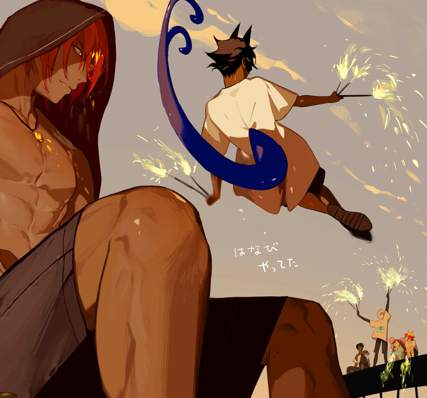 1girl, 5boys, abs, alternate_costume, arjuna_(fate), arjuna_alter_(fate), ashwatthama_(fate), back