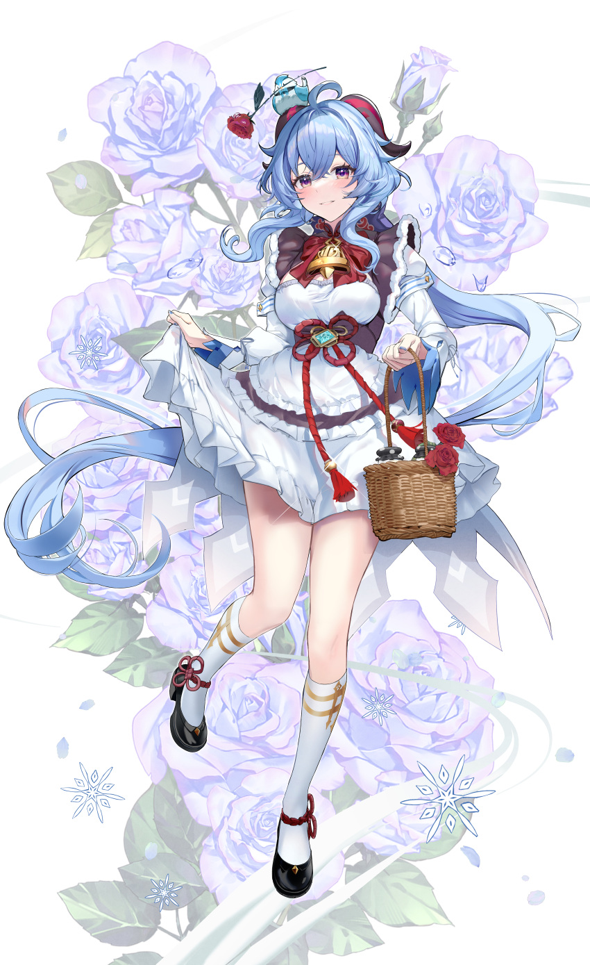 1girl, absurdres, ahoge, alternate_costume, animal_on_head, ankle_ribbon, apron, arm_strap