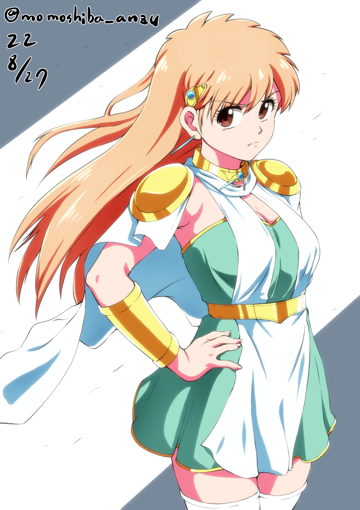 1girl, artist_name, brown_eyes, cape, dated, dragon_quest, dragon_quest_dai_no_daibouken, gauntlets, hand_on_hip, long_hair, looking_at_viewer, nafta, orange_hair, princess_leona, simple_background, solo, thigh-highs, white_cape, white_thighhighs, zettai_ryouiki