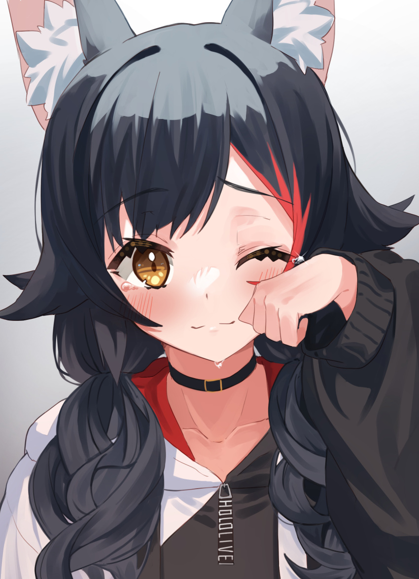 1girl, alternate_hairstyle, animal_ear_fluff, animal_ears, black_choker, black_hair, black_hoodie, blush