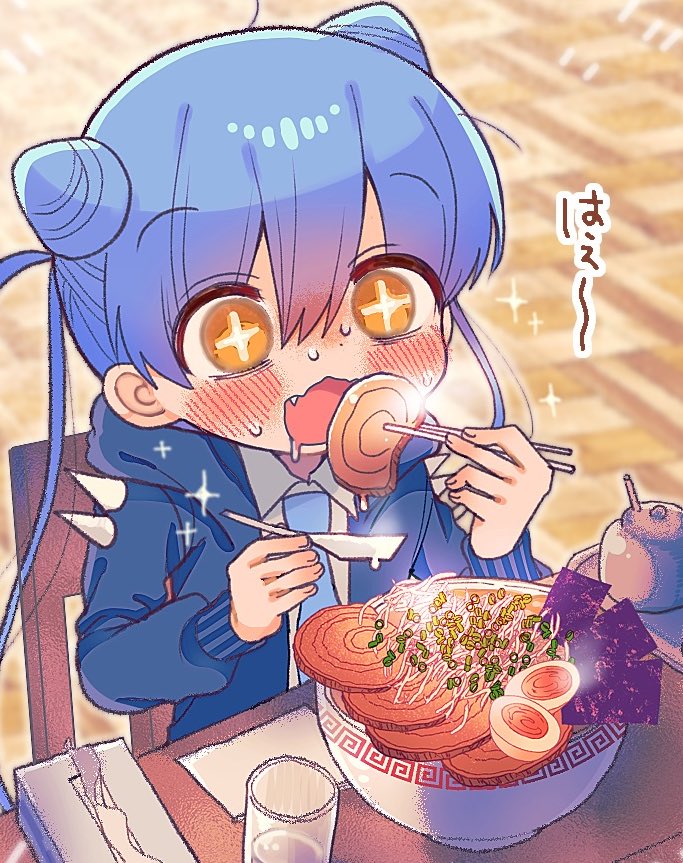 +_+, 1girl, bangs, blue_hair, blue_jacket, blush, bowl, chair