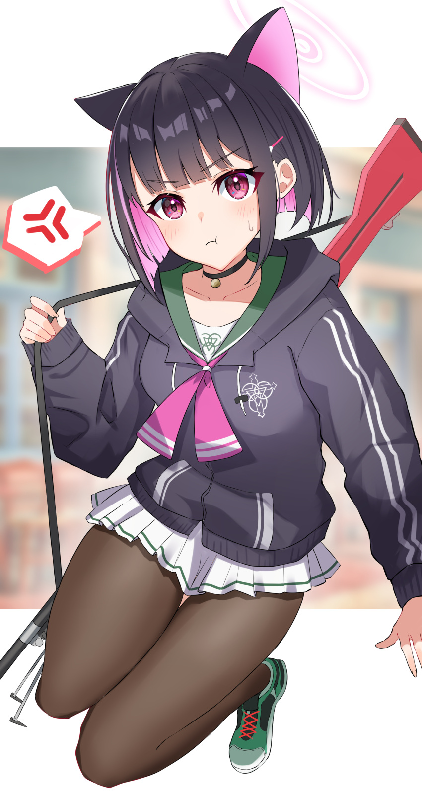 1girl, :t, absurdres, anger_vein, animal_ears, bangs, black_choker, black_hair, black_jacket, blue_archive, blunt_bangs, blurry, blurry_background, blush, brown_pantyhose, choker, closed_mouth, collarbone, commentary_request, depth_of_field, green_footwear, green_sailor_collar, gun, halo, hand_up, highres, holding, holding_gun, holding_weapon, hood, hood_down, hooded_jacket, jacket, k@bu, kazusa_(blue_archive), long_sleeves, looking_at_viewer, multicolored_hair, pantyhose, pink_hair, pleated_skirt, puffy_long_sleeves, puffy_sleeves, red_eyes, sailor_collar, shoes, skirt, sleeves_past_wrists, solo, spoken_anger_vein, sweat, two-tone_hair, v-shaped_eyebrows, weapon, white_skirt