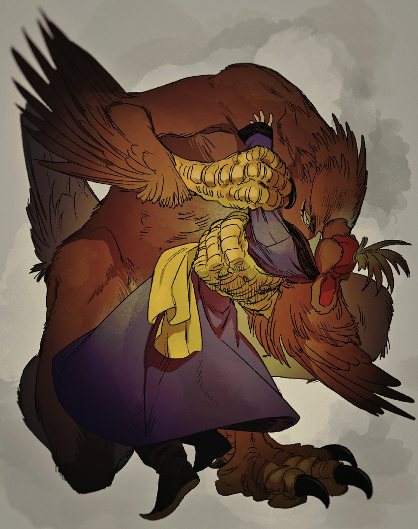 1boy, 1girl, arm_up, bird_tail, black_footwear, boots, brown_feathers, brown_headwear