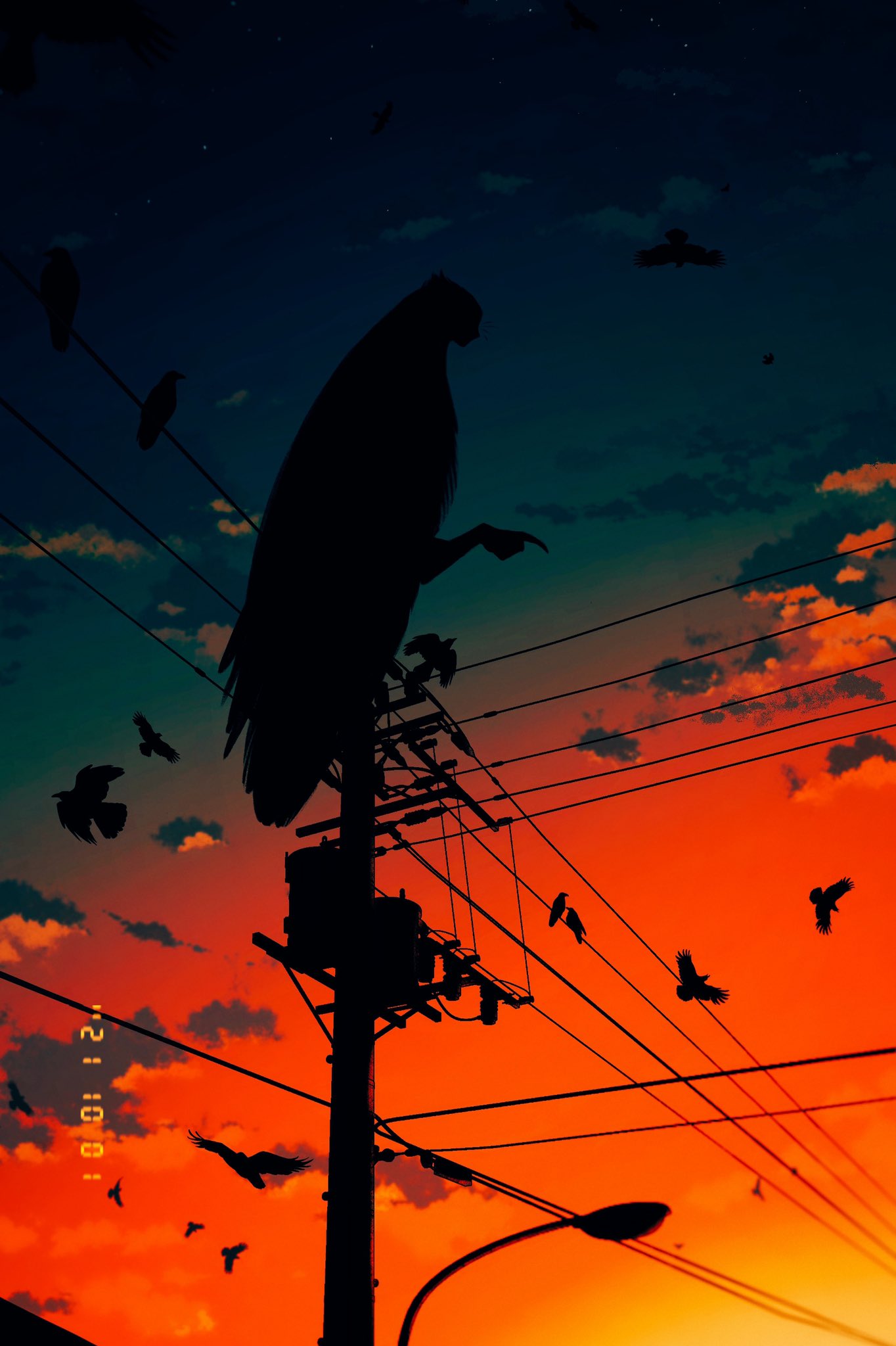 1other, bird, clouds, crow, feathered_wings, full_body, gradient, gradient_background