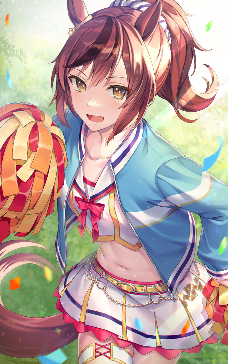 1girl, :d, animal_ears, belt, bow, brown_eyes, brown_hair, cheerleader