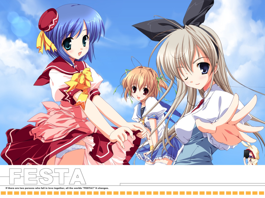 chikami_nanako, festa!!_-hyper_girls_pop-, hagiwara_onsen, hayasaka_remi, lass, mikeou, panties, seifuku